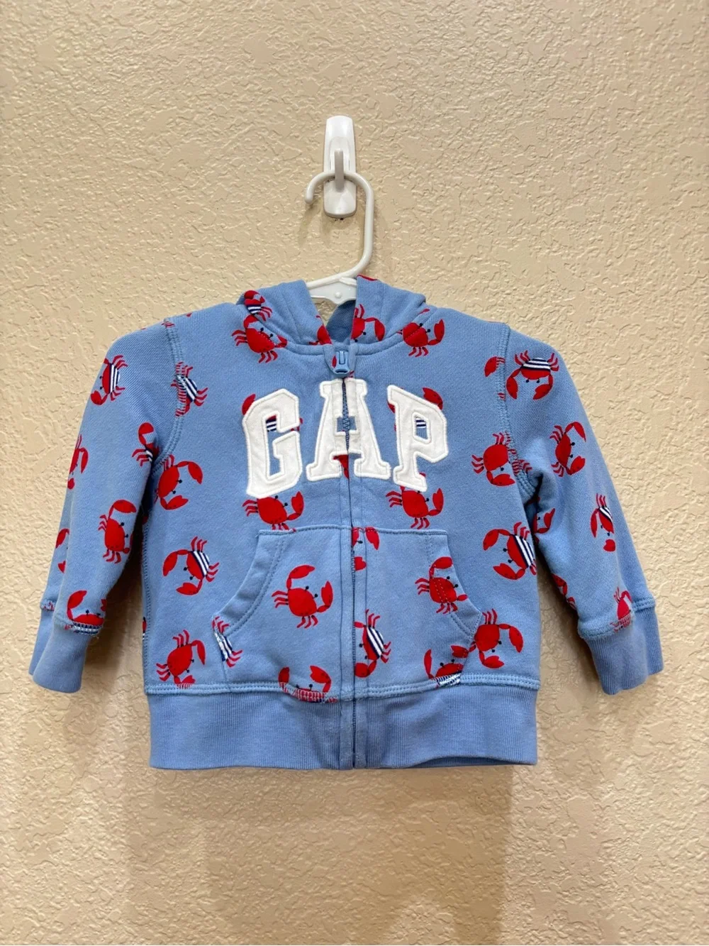 Baby Gap Light Blue Red Crab Print Logo Zip Hoodie Infant 6-12 Month New England